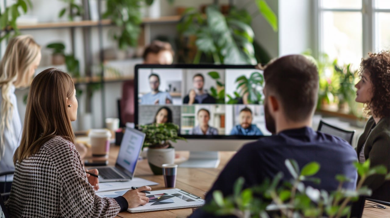 A laptop screen displaying a group of people in a virtual meeting