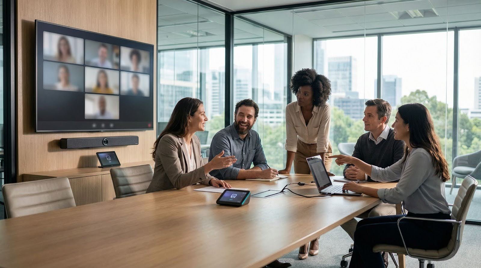Five employees hold a meeting with remote attendees visible on a large screen on a wall