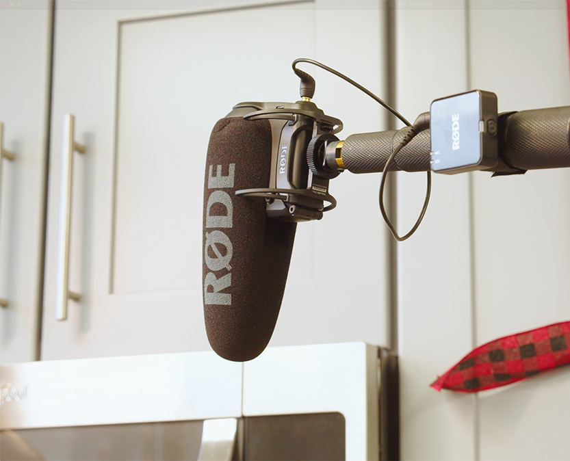 RØDE shotgun microphone mounted on a boom pole.