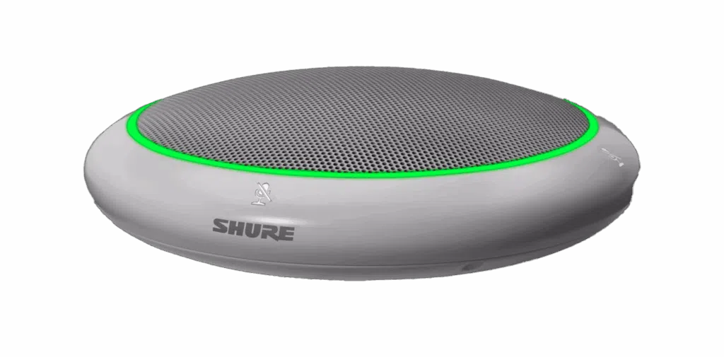 Round tabletop array microphone with a green LED status ring.