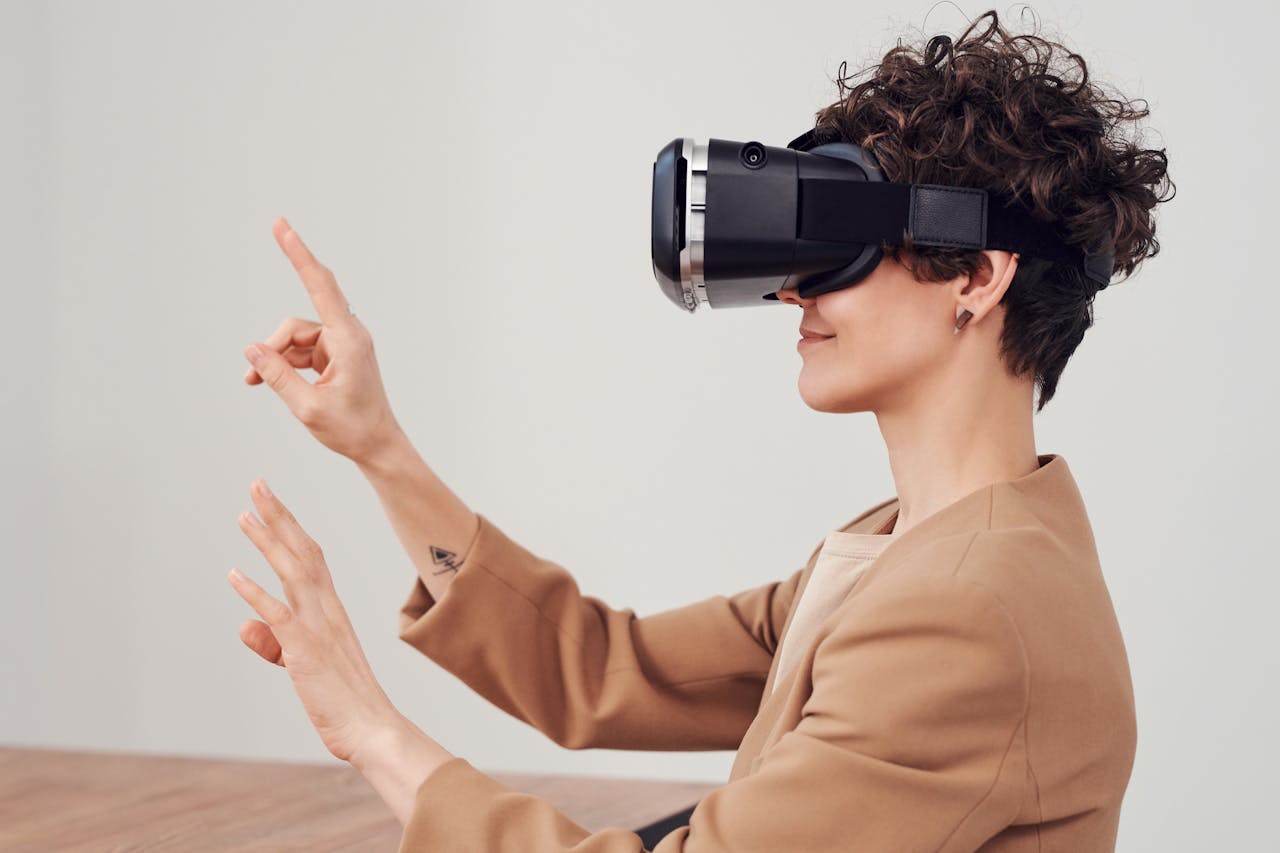  A woman wearing a virtual reality headset